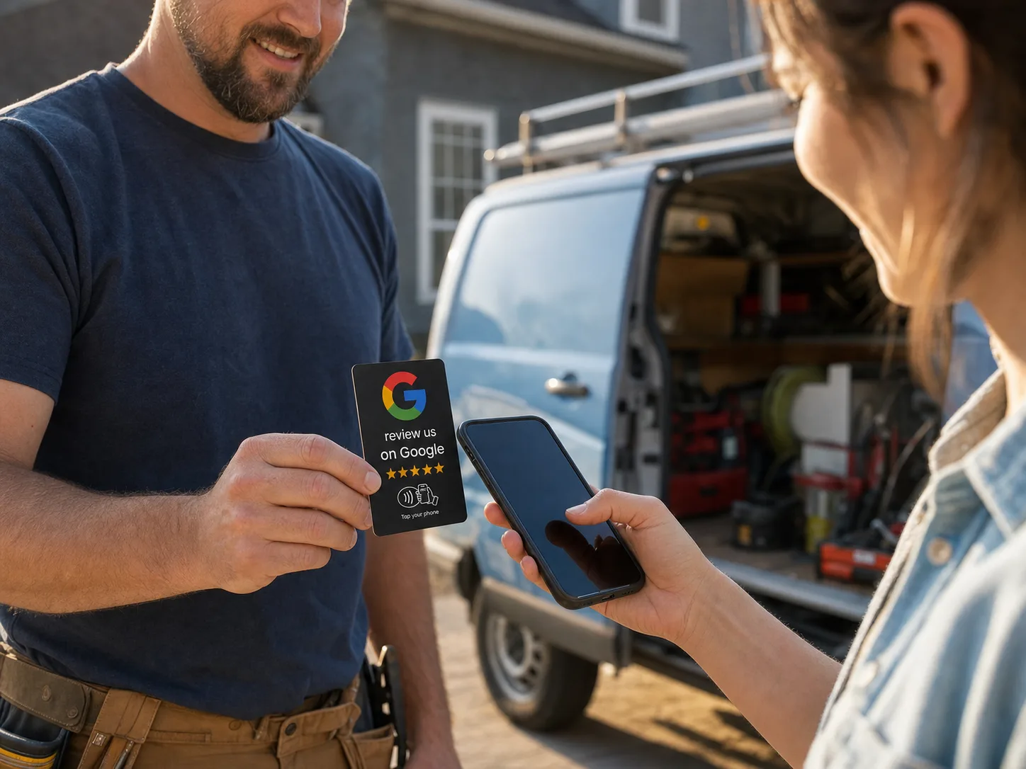 Contractor handing a black Tap-to-Review Card to a customer on a job site